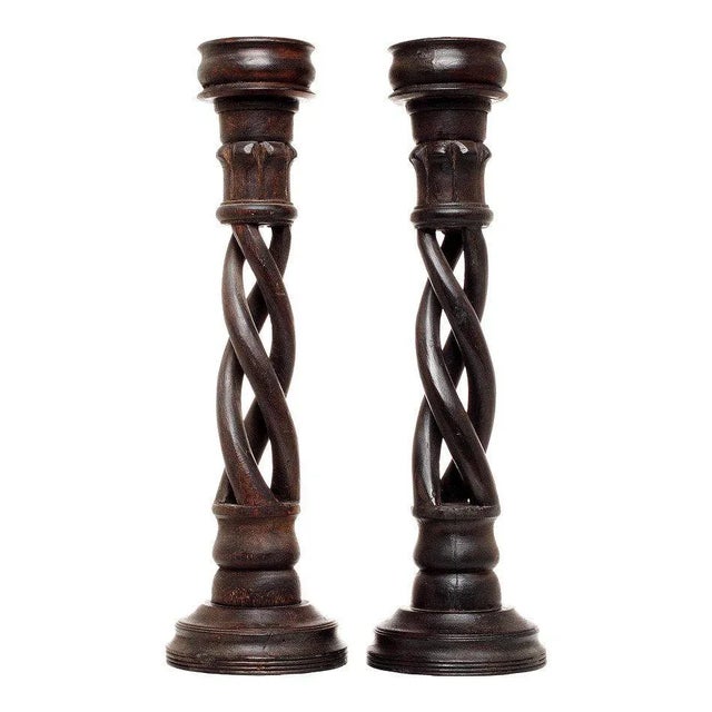 1980s Vintage Indian Wooden Candlesticks With Spiral Design, 20th Century - a Pair For Sale - Image 5 of 5