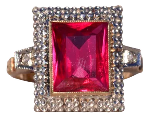 The Bulluno: Retro Era Lab Grown Ruby and Natural Diamond Ring in Yellow Gold