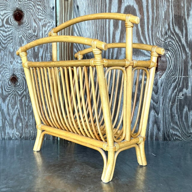 Mid 20th Century Vintage Coastal Rattan Newspaper Rack For Sale - Image 5 of 5