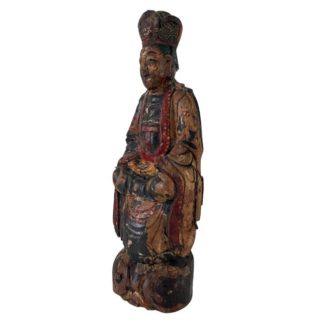 Striking antique Chinese hand-carved polychrome wood Buddhist sculpture, possibly depicting Amitayus, the Buddha of...