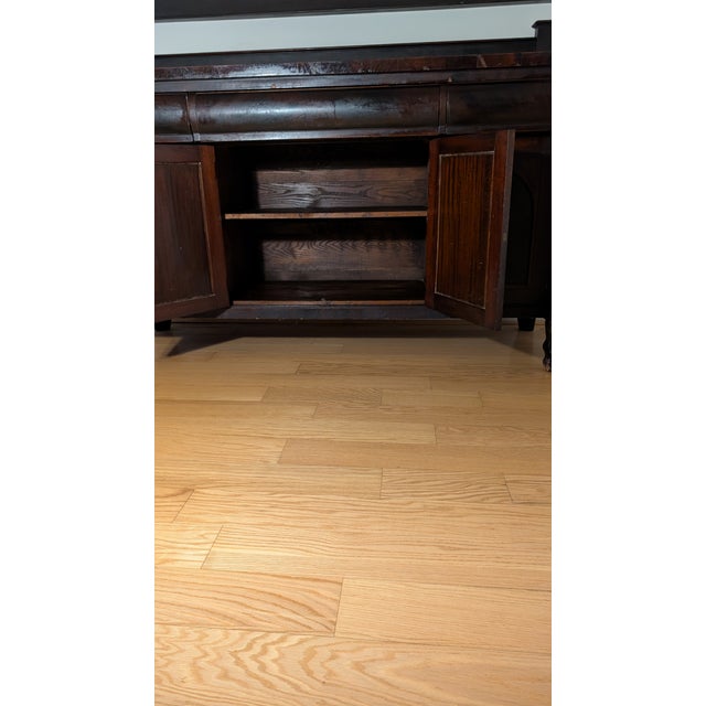 Wood 1910s Antique Mahogany 3-Drawer/4 Door Buffet Server With Lion Paw Feet, Decorative Column Accents & Backsplash For Sale - Image 7 of 9
