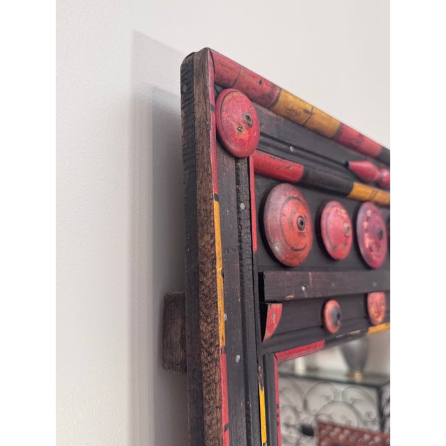 Vintage Tribal Folk Art Painted Wood Wall Mirror in Black, Red & Yellow For Sale - Image 9 of 13