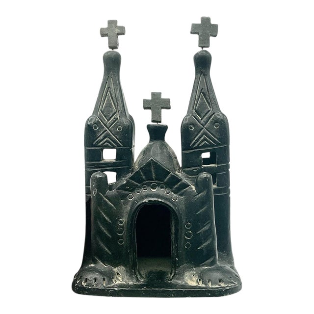 Vintage Mexican Barro Negro Black Clay Mission Church Cathedral Folk Art Pottery For Sale
