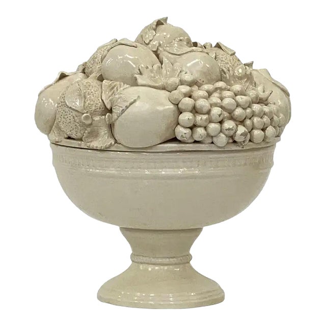 Italian Creamware Tureen or Bowl on Pedestal With Mixed Fruit Topiary Top For Sale