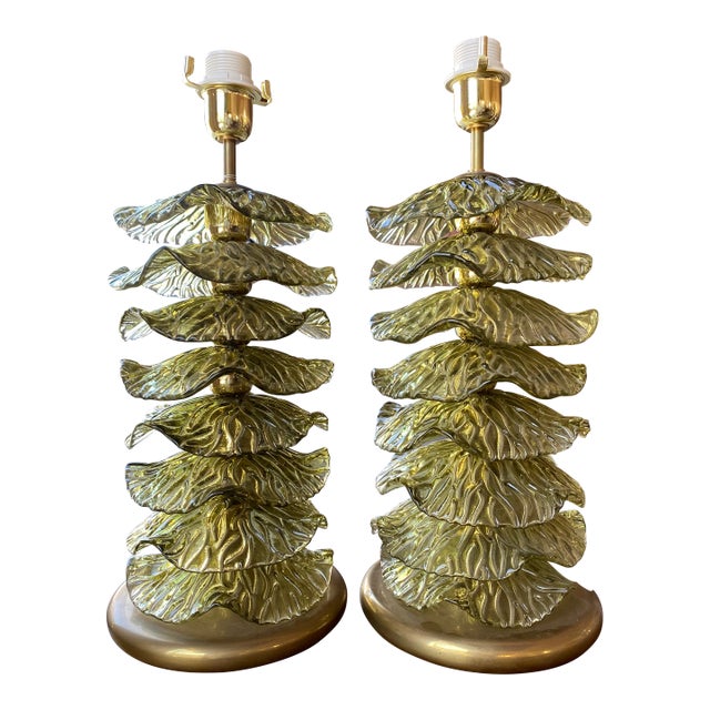 Murano Style Ruffle Glass Lamps in Olive Green - a Pair For Sale