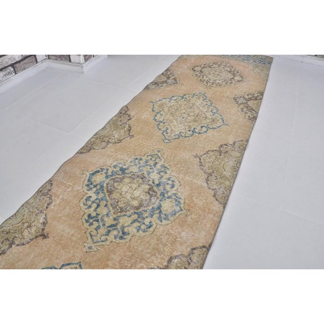 Textile Vintage Distressed Turkish Oushak Long Hallway Runner Rug With Muted Medallions - 3x14 For Sale - Image 7 of 10