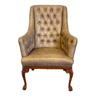 Leather Wing Back Chair With Carved Legs/Apron For Sale