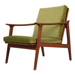 Vintage Teak and Green Velvet Fabric Armchair, 1960s For Sale