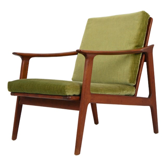 Vintage Teak and Green Velvet Fabric Armchair, 1960s For Sale