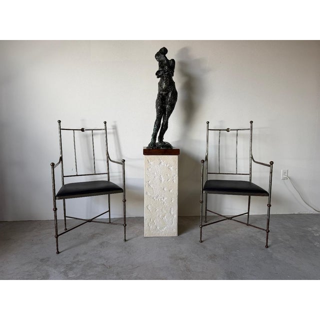 Vintage Alberto Orlandi Giacometti-Style Metal Armchairs With Black Leather Seats – Pair For Sale - Image 4 of 17