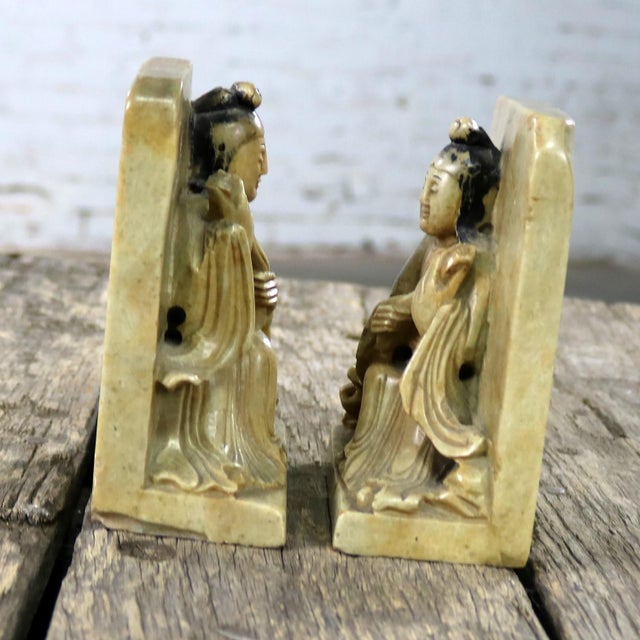 Antique Carved Soapstone Bookends With Chinese Figures and Teapot
