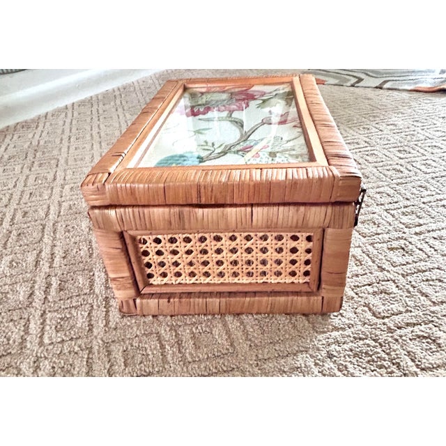 Wood Intage Rattan Cane Glass Top Storage Box With Designer Fabric Insert For Sale - Image 7 of 13