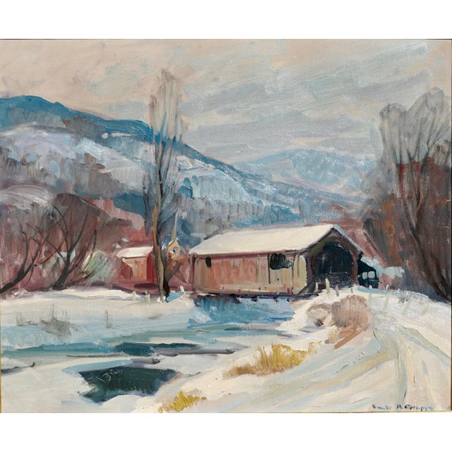Emile Albert Gruppe 'Mass 1896-1978' “Covered Bridge” Snow Painting For Sale - Image 4 of 6