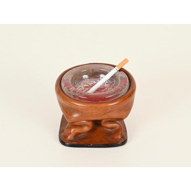 Brown Sculptural Curved Leather and Crystal Ashtray by Jacques Adnet, Italy, 1950s For Sale - Image 8 of 13