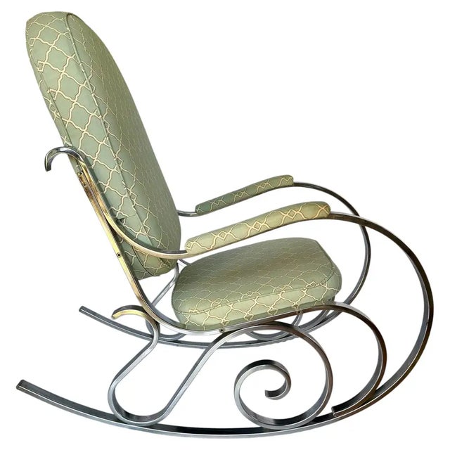 Hollywood Regency Mid-Century Hollywood Regency Style Polished Nickel Scroll Rocking Chair For Sale - Image 3 of 12
