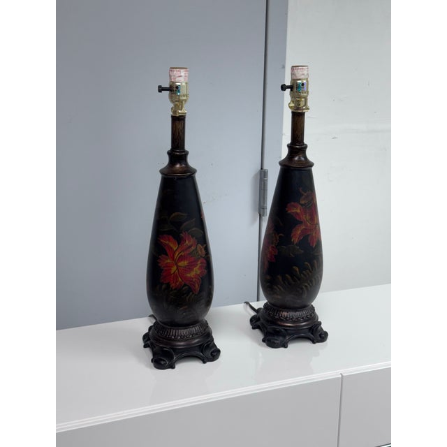1990s Circa 1990's Chinoiserie Hand Painted Floral Table Lamps, Pair For Sale - Image 5 of 12