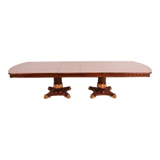 Karges Furniture Style Italian Neoclassical Inlaid Burl Wood and Parcel Gilt Extension Dining Table, Newly Refinished For Sale