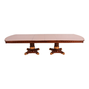 Karges Furniture Style Italian Neoclassical Inlaid Burl Wood and Parcel Gilt Extension Dining Table, Newly Refinished