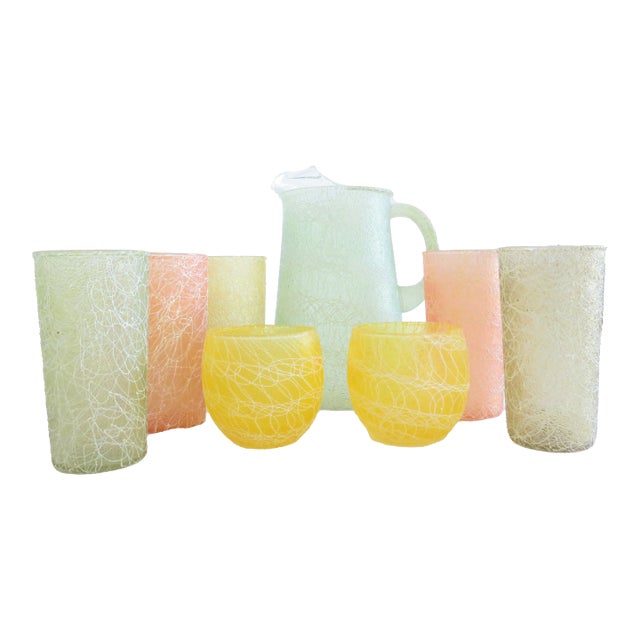 1950s Color Craft Spaghetti String Pitcher & Glasses For Sale