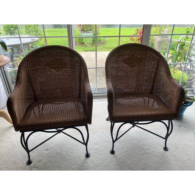 Pair of Wicker Lloyd Flanders Chairs With Black Metal Frames For Sale - Image 9 of 11