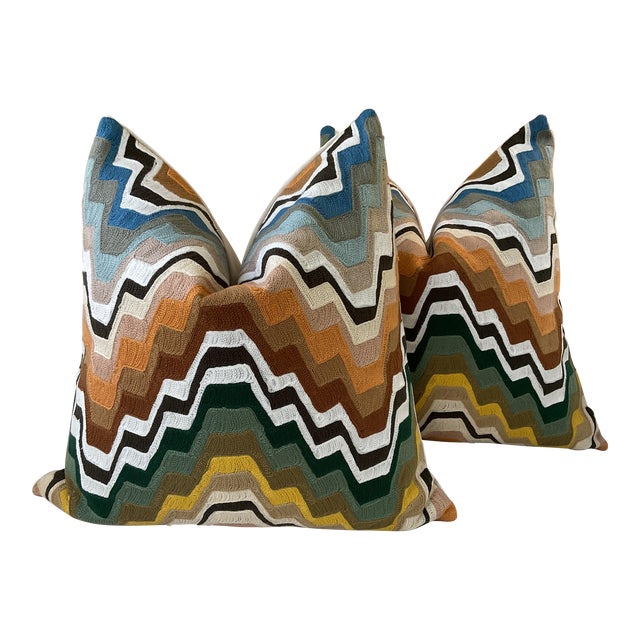 Pierre Frey “Fanfare” in Tentation Embroidery Down Filled Pillows - a Pair For Sale