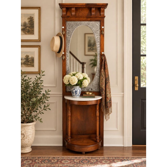 Vintage Victorian-Style Wood Hall Tree With Etched Mirror & Marble Shelf For Sale - Image 9 of 9