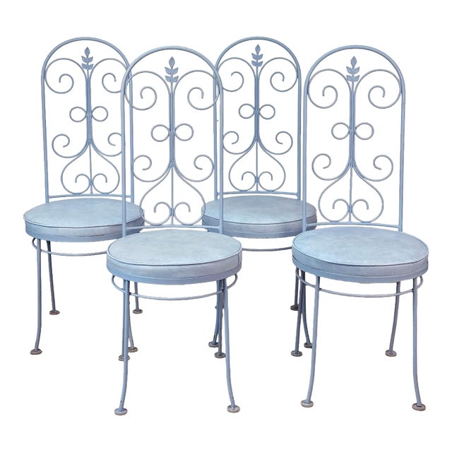 Vintage French Blue Wrought Iron Tall Back Garden Patio Chairs - Set of 4 For Sale