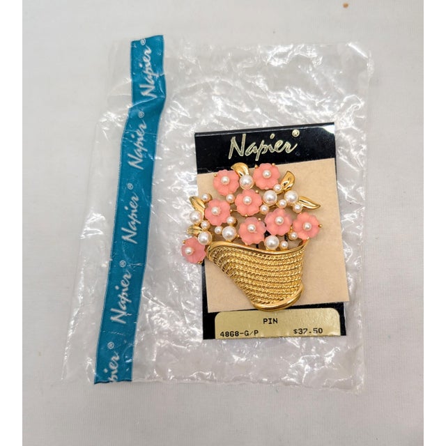 Vintage 1980s Signed Napier Pink Rhinestone Flowers & Faux-Pearls in a Basket Brooch For Sale - Image 9 of 9