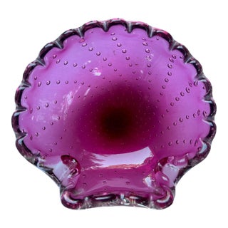 Vintage Bullicante Shell Shaped Cranberry Murano Art Glass Dish For Sale