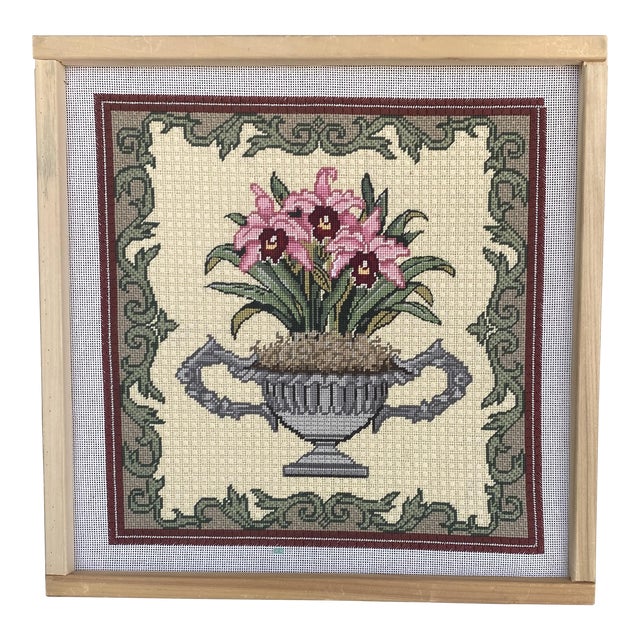 Vintage Cross Stitch Flowers in Urn on Working Frame For Sale