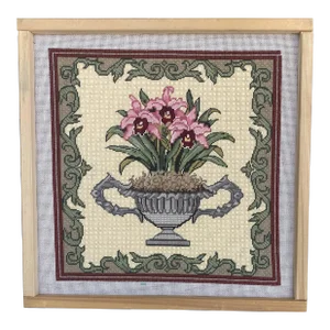 Vintage Cross Stitch Flowers in Urn on Working Frame