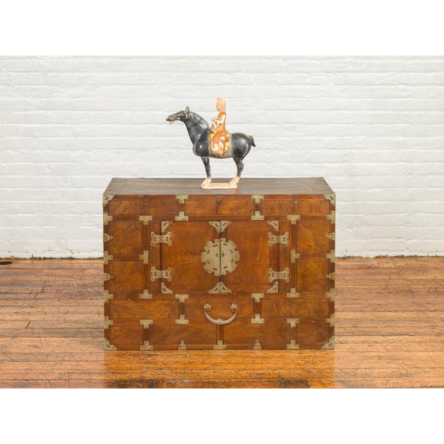 Korean Side Cabinet with Geometric Façade, Brass Hardware and Double Doors For Sale - Image 11 of 13