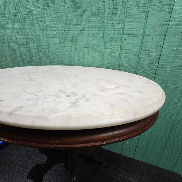 Traditional Wooden Marble Top Side Table With Casters For Sale - Image 10 of 10