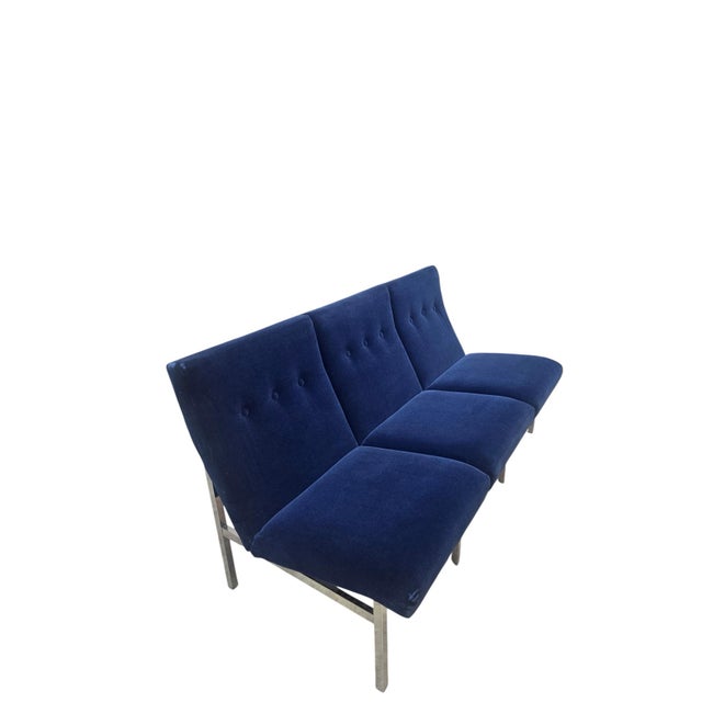 Mid Century Modern Attributed to Steelcase 3 Seat Sofa Newly Reupholstered in “Cobalt Blue” Mohair Crafted by the renowned...
