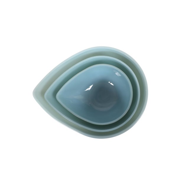 Set of 3 Fire King teardrop nesting bowls in the fabulous delphite blue color. CONDITION In near perfect condition,...