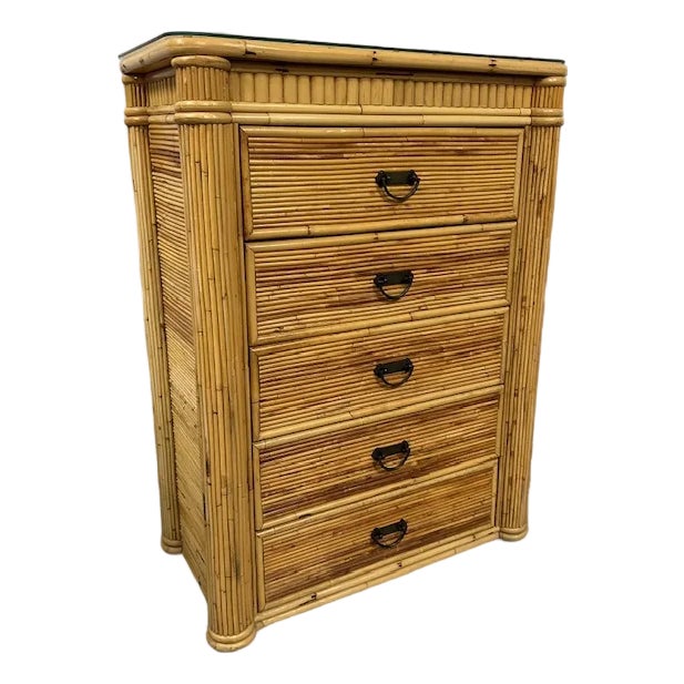 Late 20th Century Pencil Reed Rattan Tall Chest | Chairish