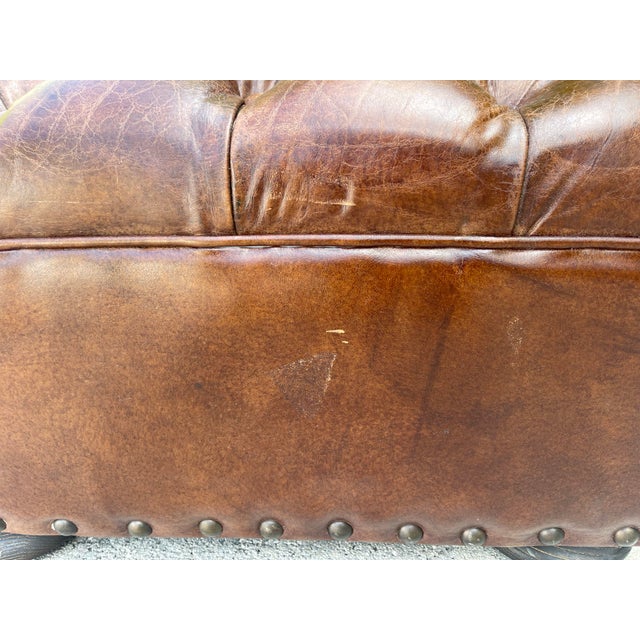 Restoration Hardware Tufted Distressed Leather Ottomans – Pair | Rh For Sale - Image 10 of 12