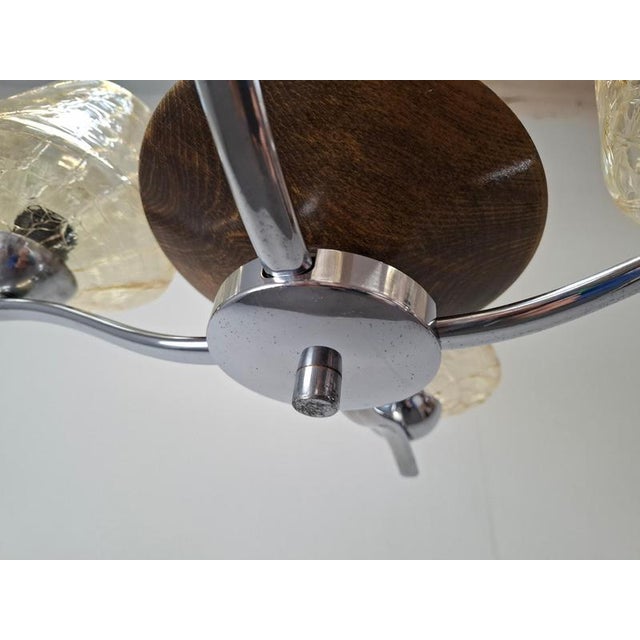 Mid-Century Modern Czech Glass, Wood and Chrome 4-Armed Chandelier from Napako, 1960s For Sale - Image 17 of 18