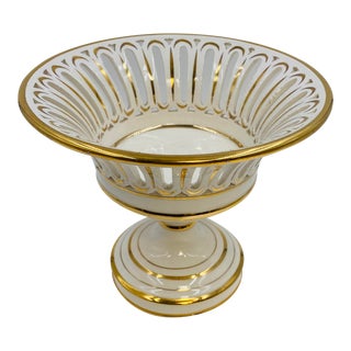 Mid Century Italian Kbny White and Gold Footed Compote For Sale