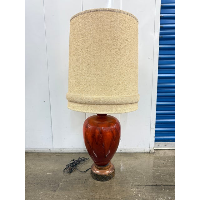 Mid-Century Modern Mid-Century Modern 1960’s Drip Glaze Ceramic Table Lamp With Textured Shade – Retro Rust & Brown For Sale - Image 3 of 11