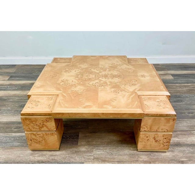 Willy Rizzo Rare Willy Rizzo Burlwood Square and Brass Coffee Table Italy 1970s For Sale - Image 4 of 12