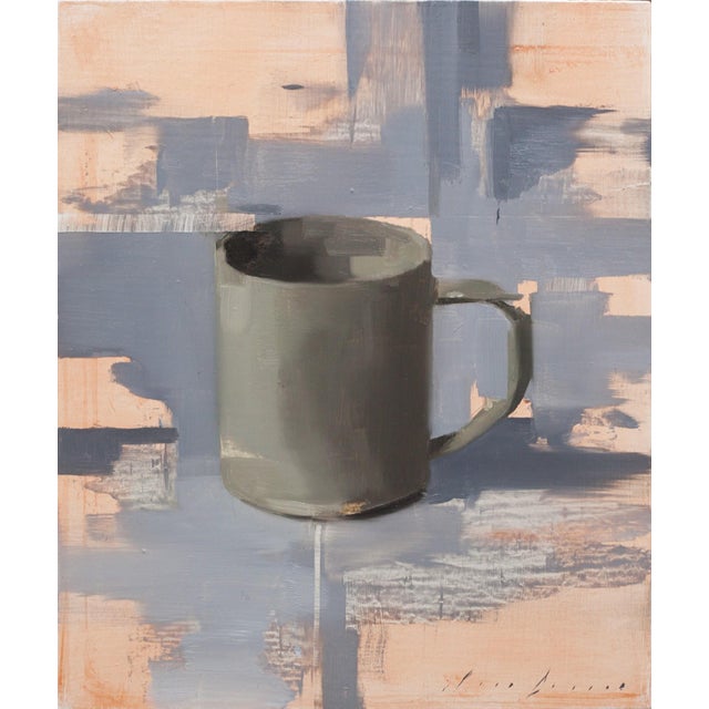 Dark Cup on Grey by Jon Doran | Oil on panel Still life of a dark grey cup on a textured background For Sale