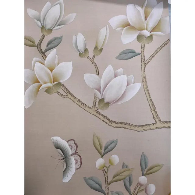 Chinoiserie Magnolia Flowers Mural Hand Painted Wallpaper - 3 Panels For Sale - Image 4 of 4