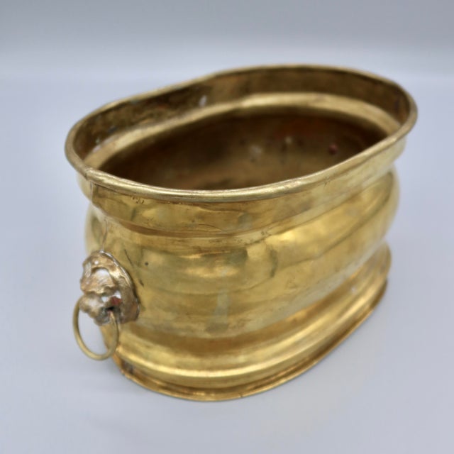 Metal Vintage Gilt Metal Oval Cachepot Planter With Lion Head Ring Handles For Sale - Image 7 of 11