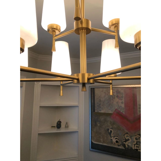 Modern Brass Chandelier With Glass Shades For Sale - Image 3 of 8