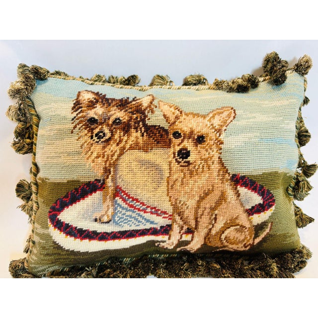 Vintage Throw Decorative Needlepoint pillow with Chihuahua Dogs playing on a Mexican sombrero hat. Vintage Charming dog...