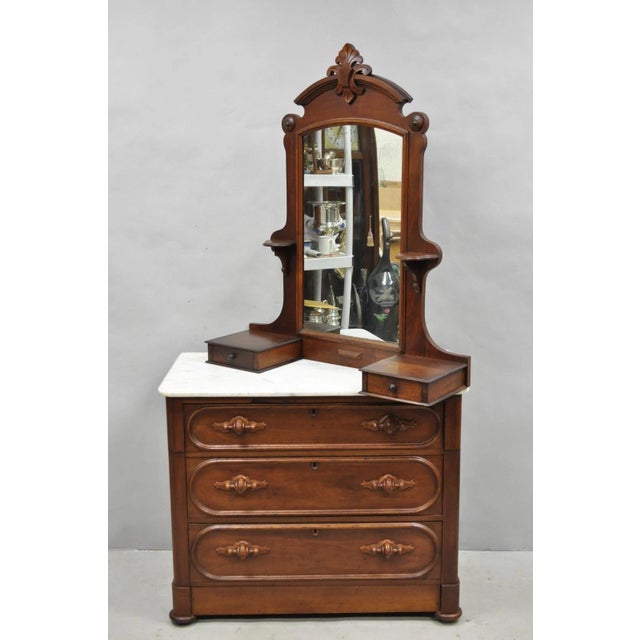 Antique Eastlake Victorian Carved Walnut Marble Top Washstand Dresser W/ Mirror For Sale - Image 15 of 18