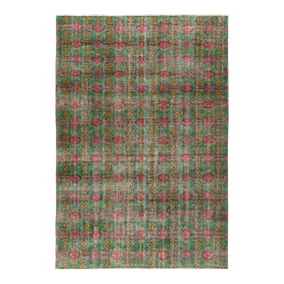 Hand-Knotted 1960s Distressed Art Deco Rug in Green, Pink, Gold Floral Pattern For Sale