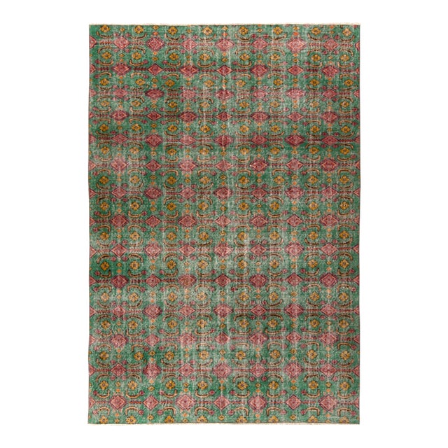 Hand-Knotted 1960s Distressed Art Deco Rug in Green, Pink, Gold Floral Pattern For Sale