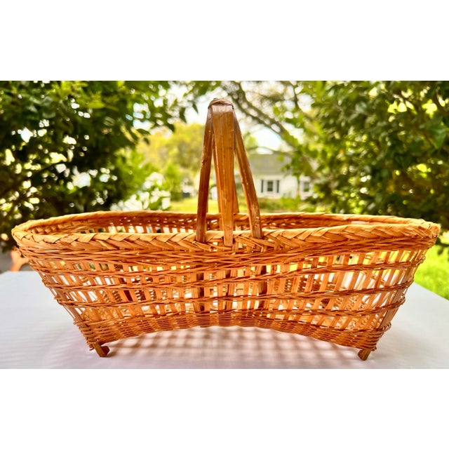 Vintage Chinese Natural Open Weave Bamboo Rattan Handle Basket For Sale - Image 4 of 10